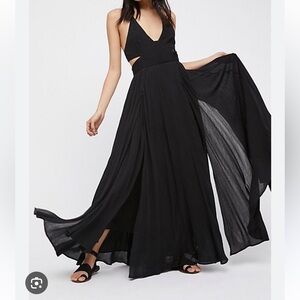 Free People Lille Black Maxi Tie Back Dress with silver accents on ties size M